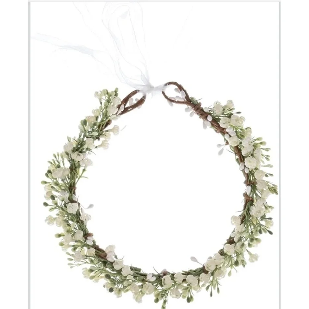 Boho Vtg Wedding Hair Vine Flower Crown White Flowers Green Wear Many Ways NWOT
